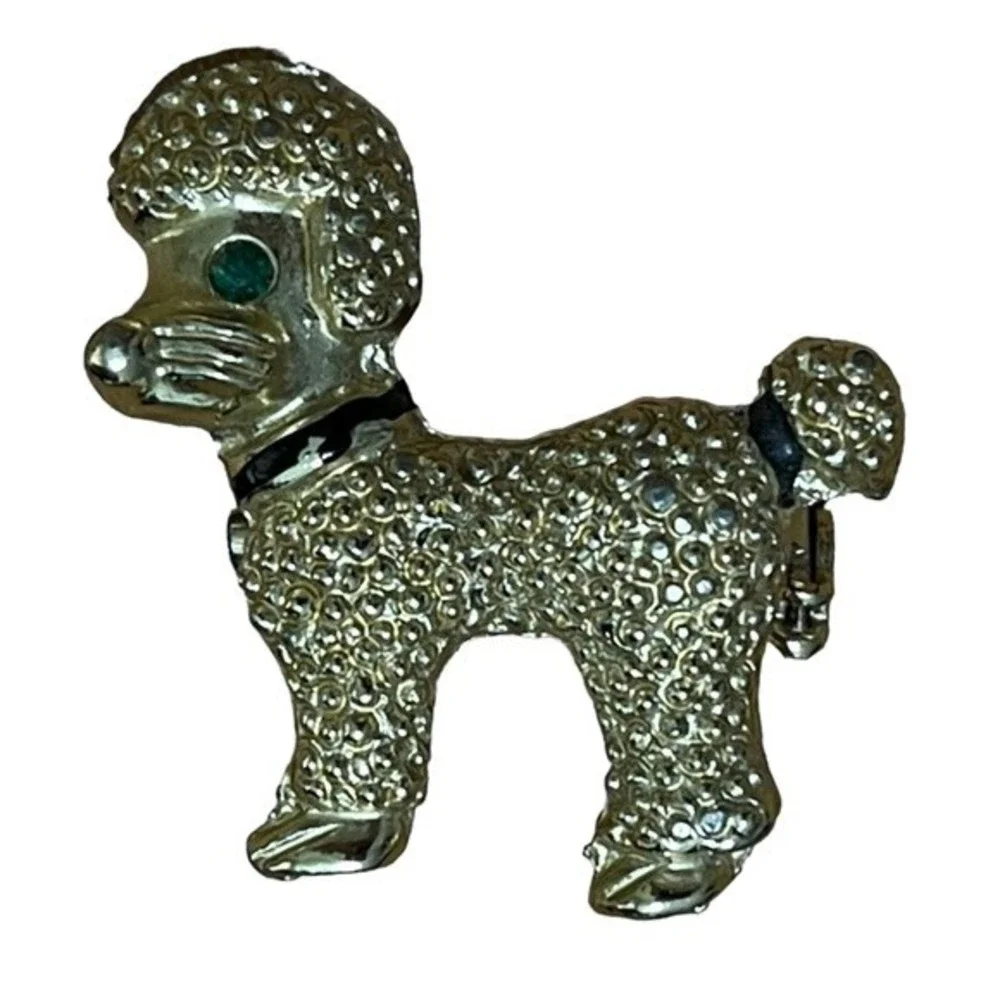 Vintage CCI Poodle Brooch Dog Pin Gold Tone Textured Green Gem Stone Eye Collar